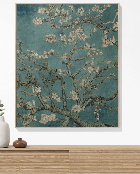 Spring woven throw blanket, made of 100% cotton, providing a soft and cozy texture with an almond blossom by Vincent Van Gogh design for home decor.