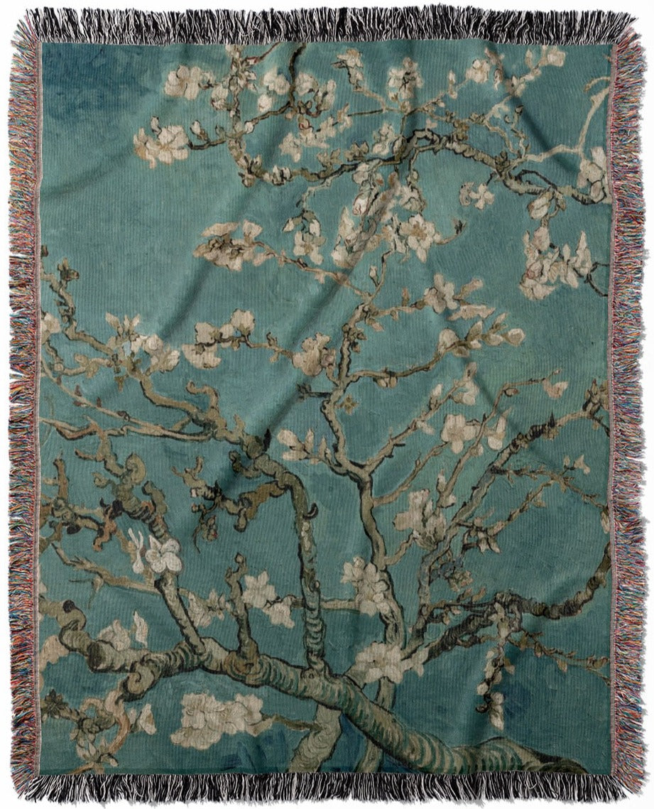 Spring woven throw blanket, made of 100% cotton, providing a soft and cozy texture with an almond blossom by Vincent Van Gogh design for home decor.