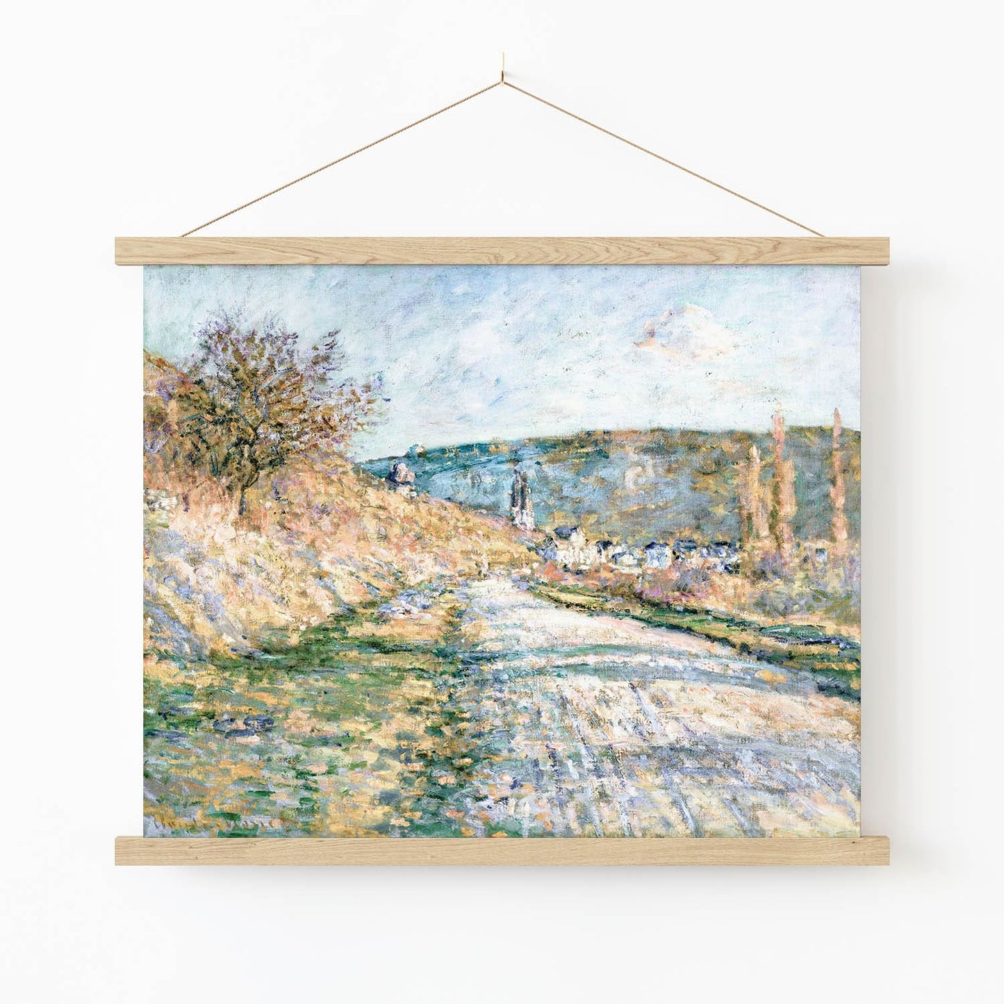 Calming Landscape Art Print in Wood Hanger Frame on Wall