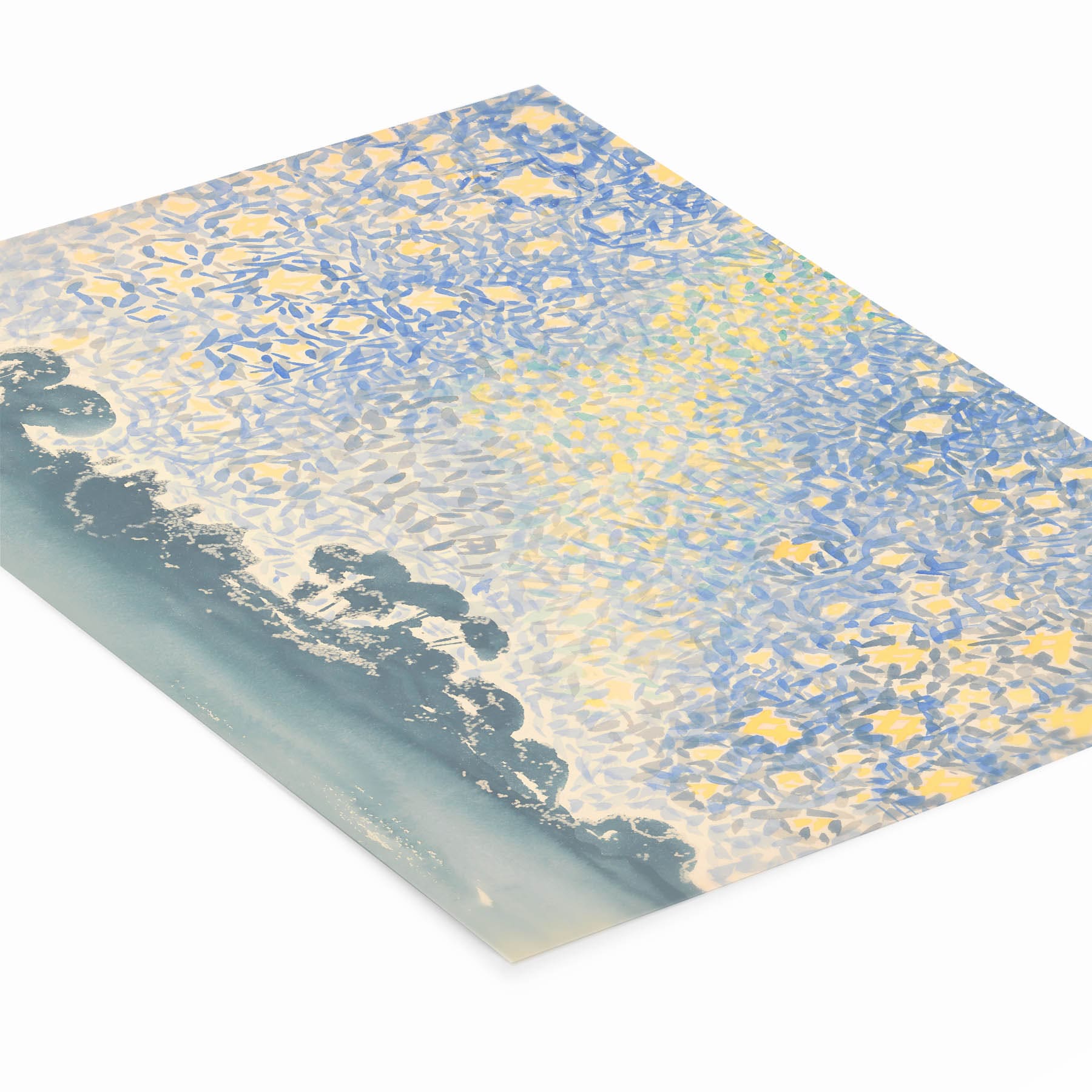 Blue and Yellow Painting Laying Flat on a White Background