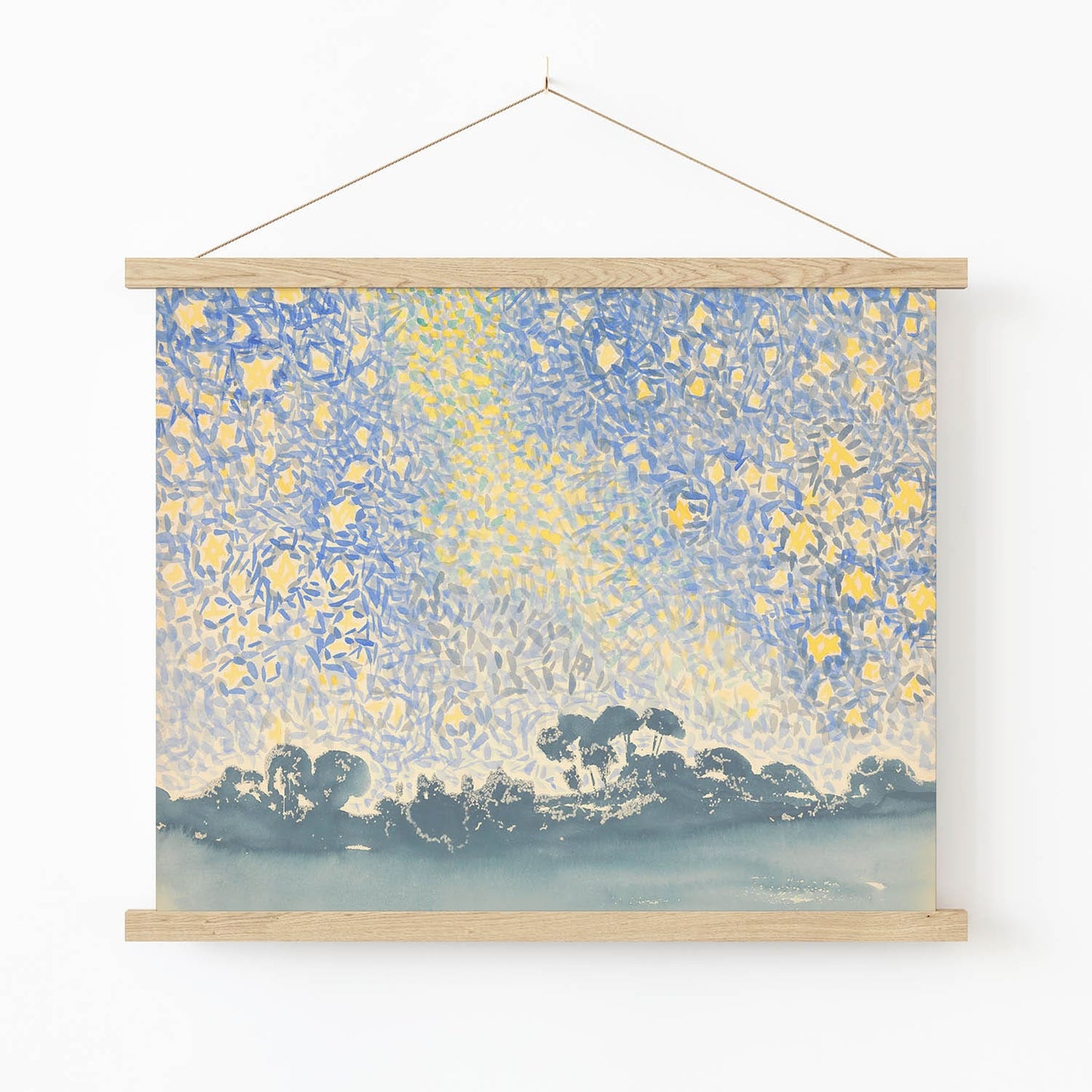 Blue and Yellow Art Print in Wood Hanger Frame on Wall