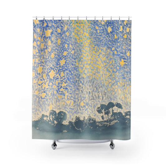 Starry Sky Shower Curtain with blue and yellow design, vibrant bathroom decor featuring starry night themes.