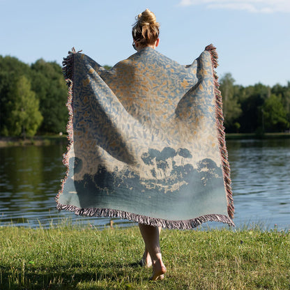 Starry Sky Woven Throw Blanket Held on a Woman's Back Outside