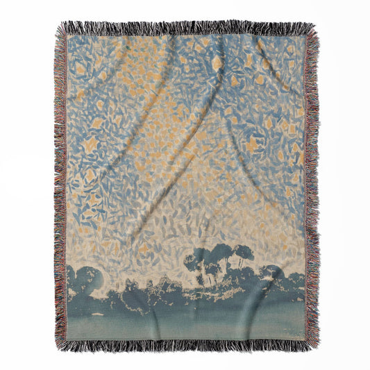 Starry Sky woven throw blanket, made with 100% cotton, delivering a soft and cozy texture with a blue and yellow painting for home decor.