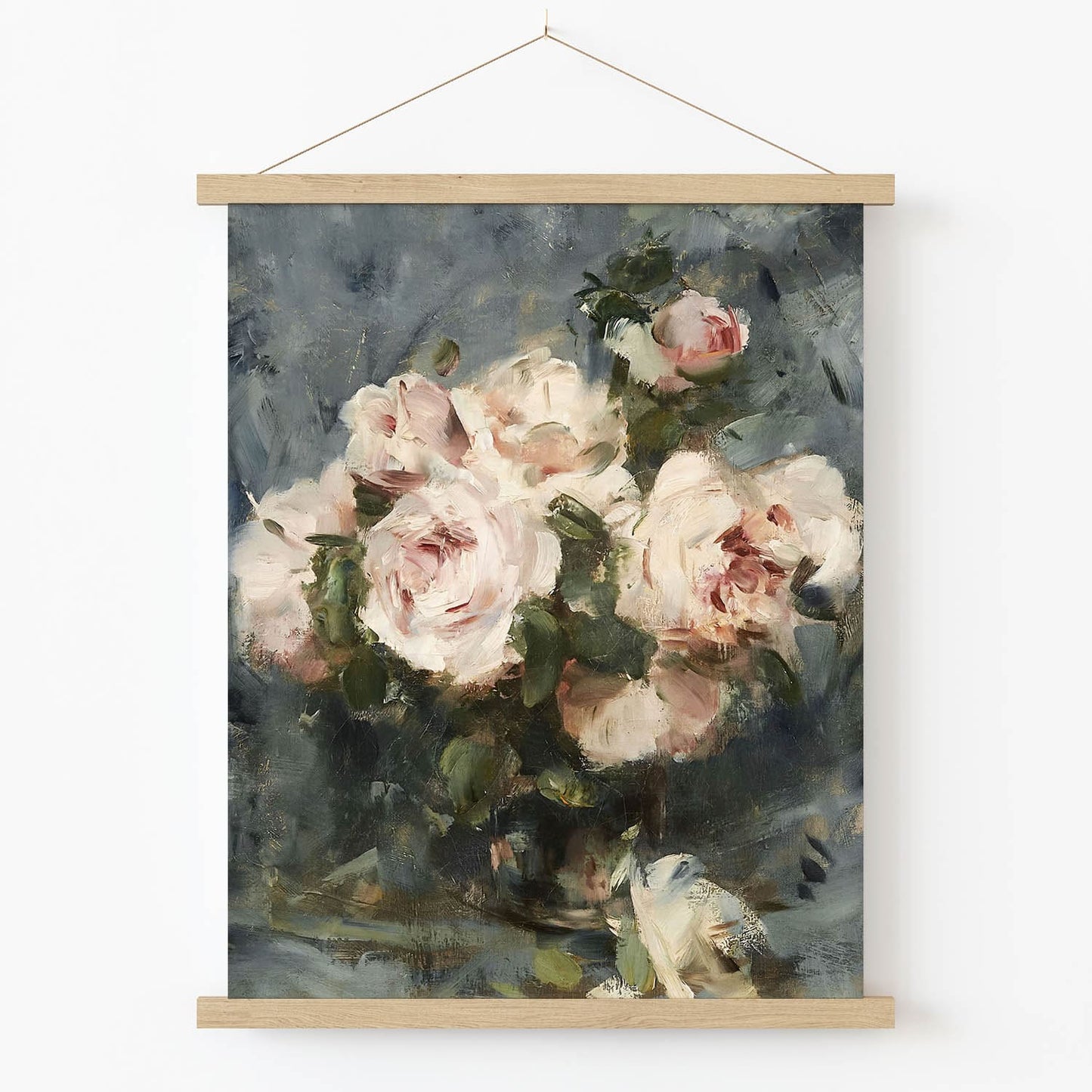 Still Life Rose Vase Art Print in Wood Hanger Frame on Wall