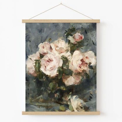 Still Life Rose Vase Art Print in Wood Hanger Frame on Wall