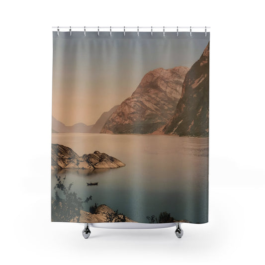 Mountains Landscape Shower Curtain with Norway design, scenic bathroom decor featuring picturesque Norwegian landscapes.