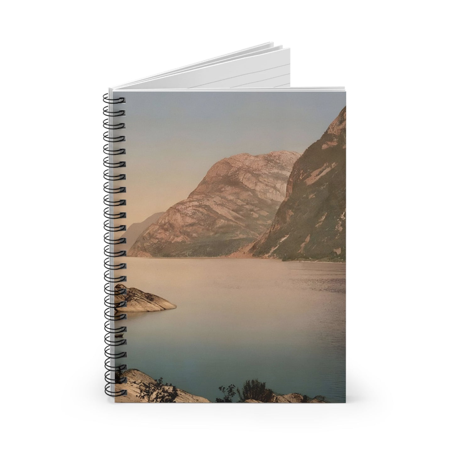 Summer Mountains Spiral Notebook Standing up on White Desk