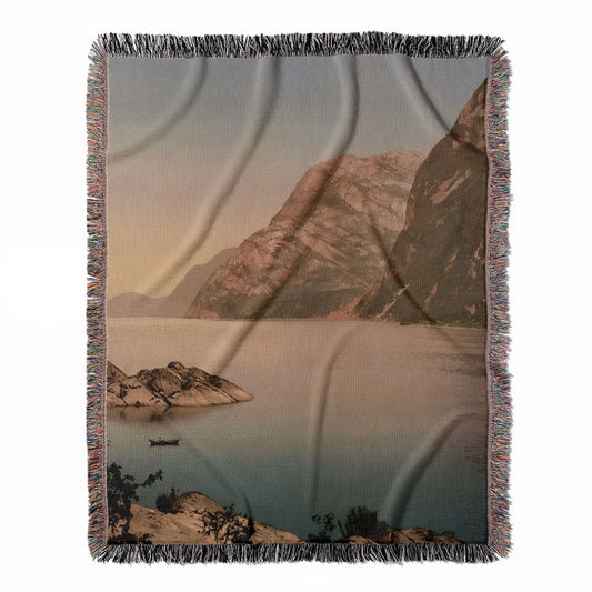 Mountains Landscape woven throw blanket, made of 100% cotton, featuring a soft and cozy texture with a Norway theme for home decor.