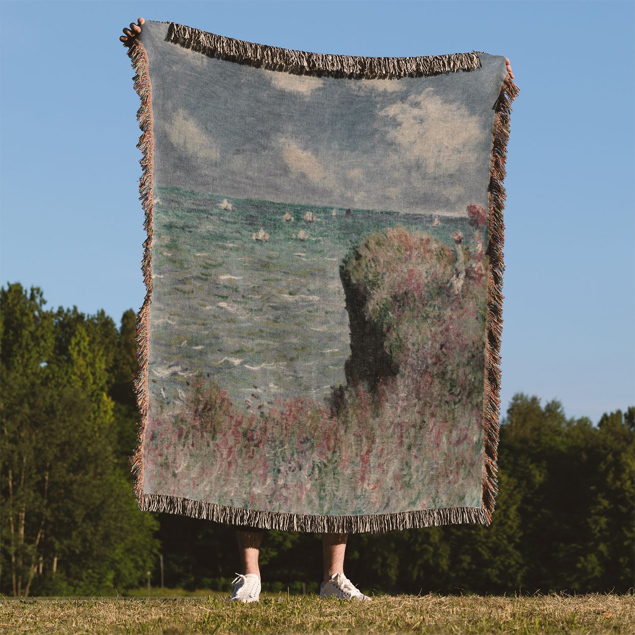 Summer Seascape Woven Blanket Held Up Outside