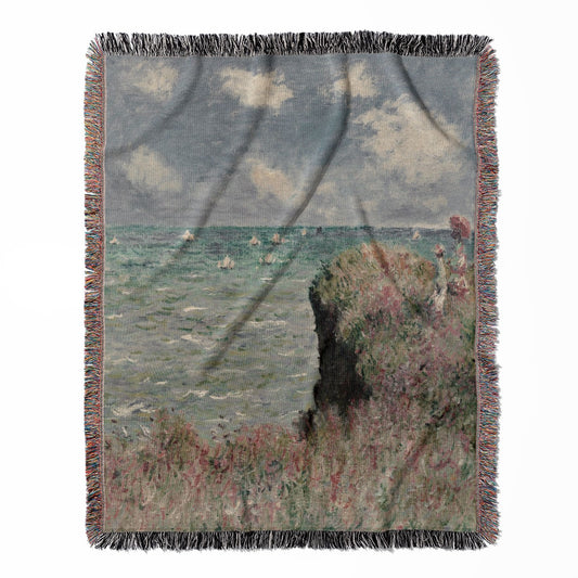 Summer Seascape woven throw blanket, made with 100% cotton, presenting a soft and cozy texture with nautical seascape designs for home decor.