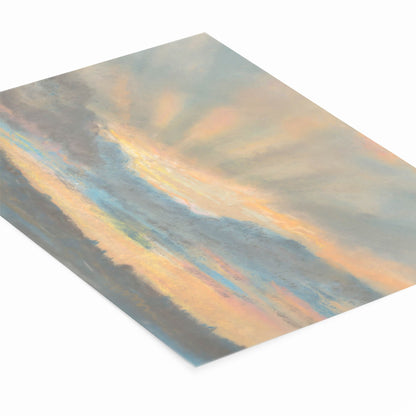 Yellow and Blue Sunset Painting Laying Flat on a White Background