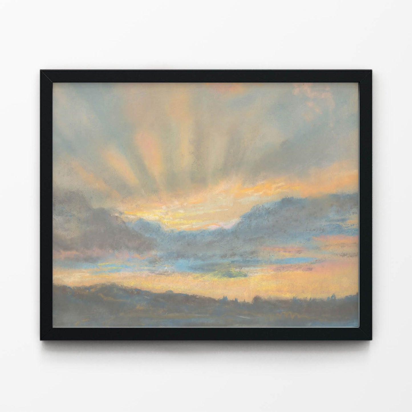 Yellow and Blue Sunset Painting in Black Picture Frame