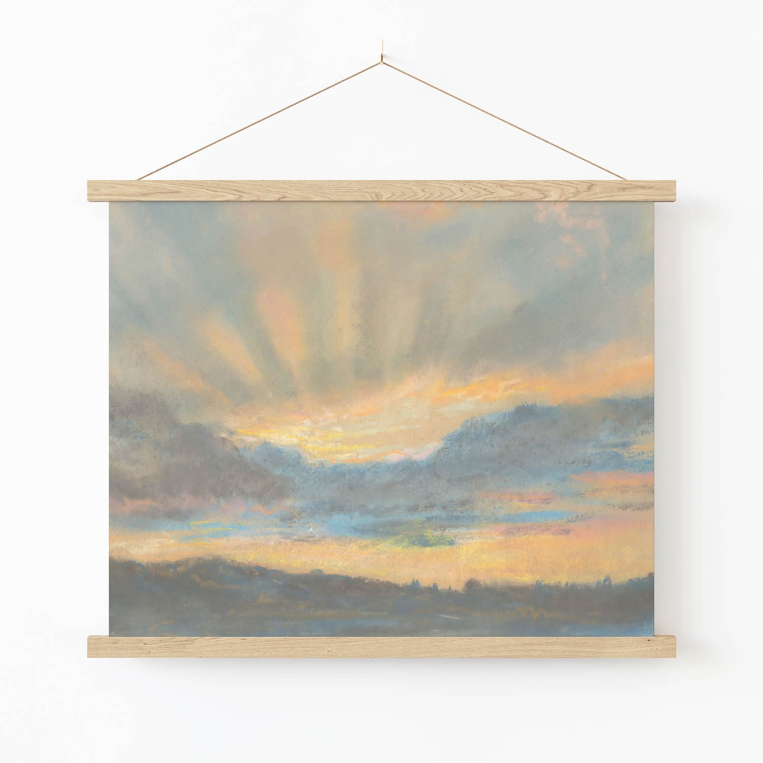 Yellow and Blue Sunset Art Print in Wood Hanger Frame on Wall