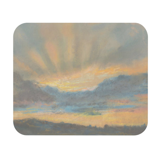 Sun in the Clouds Mouse Pad with cheerful yellow and blue sky, desk and office decor featuring sunny sky artwork.
