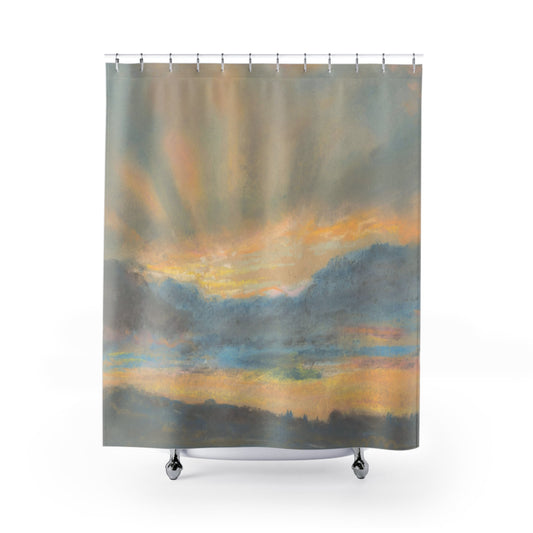 Sun in the Clouds Shower Curtain with yellow and blue design, cheerful bathroom decor showcasing sunny sky views.