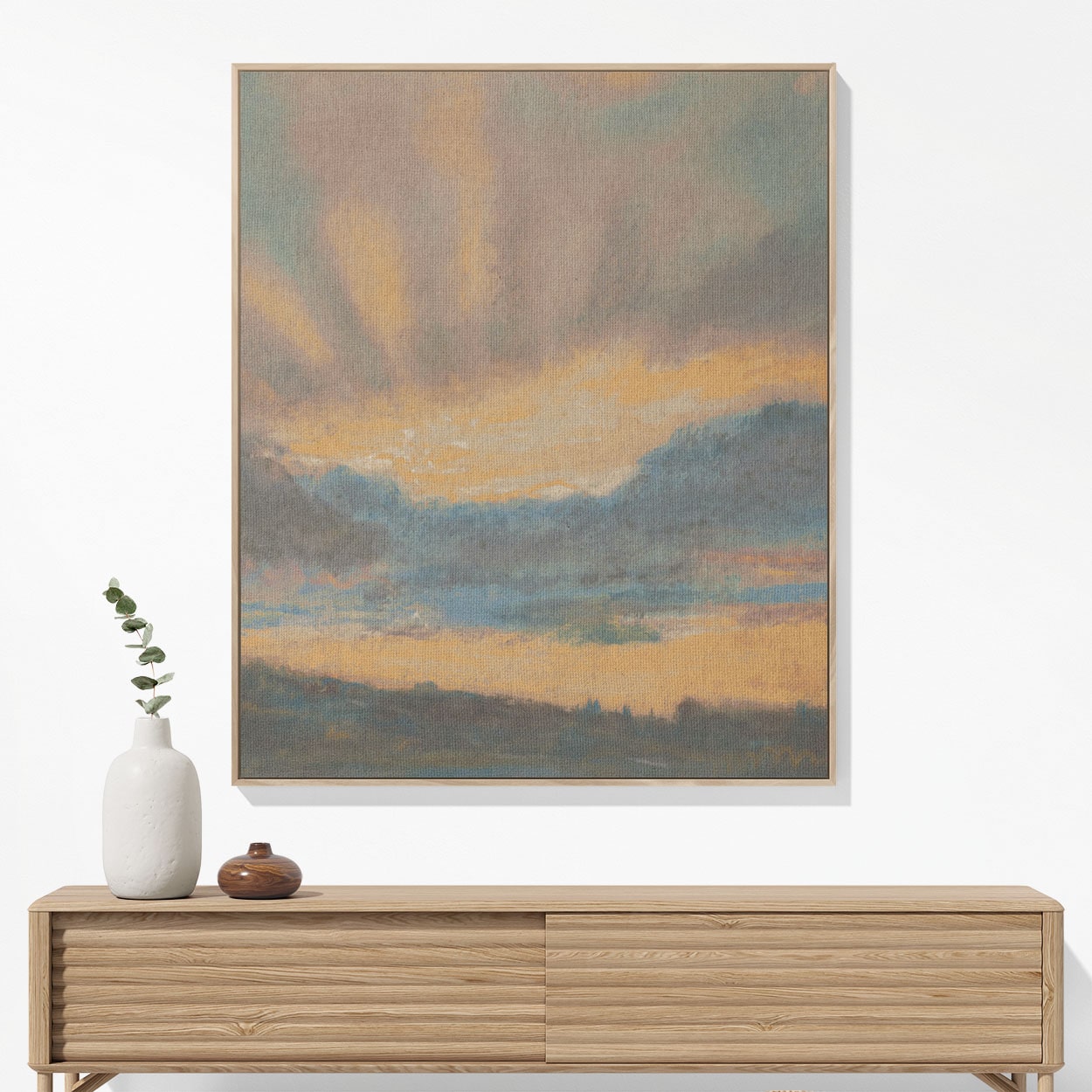 Sun in the Clouds Woven Blanket Hanging on a Wall as Framed Wall Art