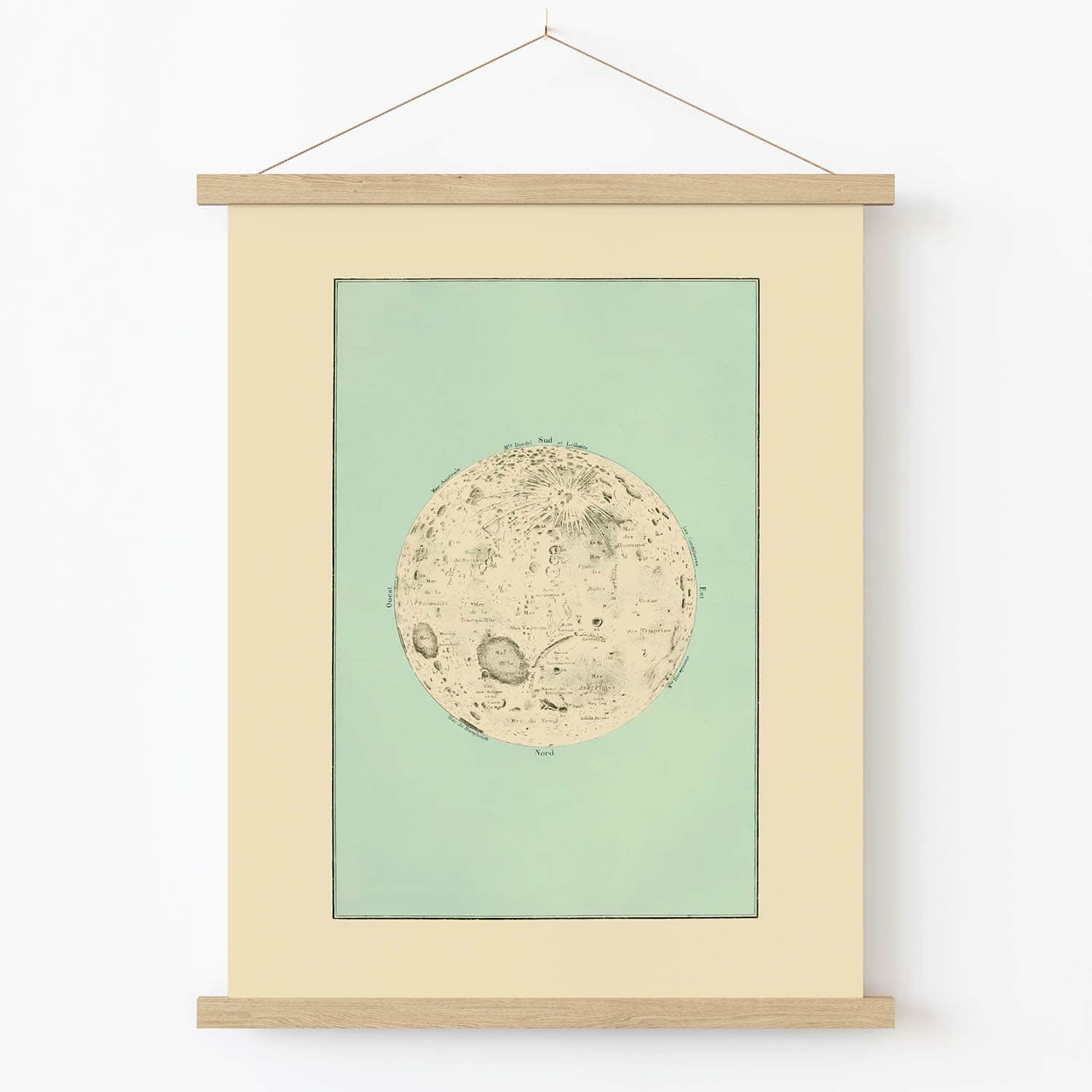 Teal Moon Art Print in Wood Hanger Frame on Wall
