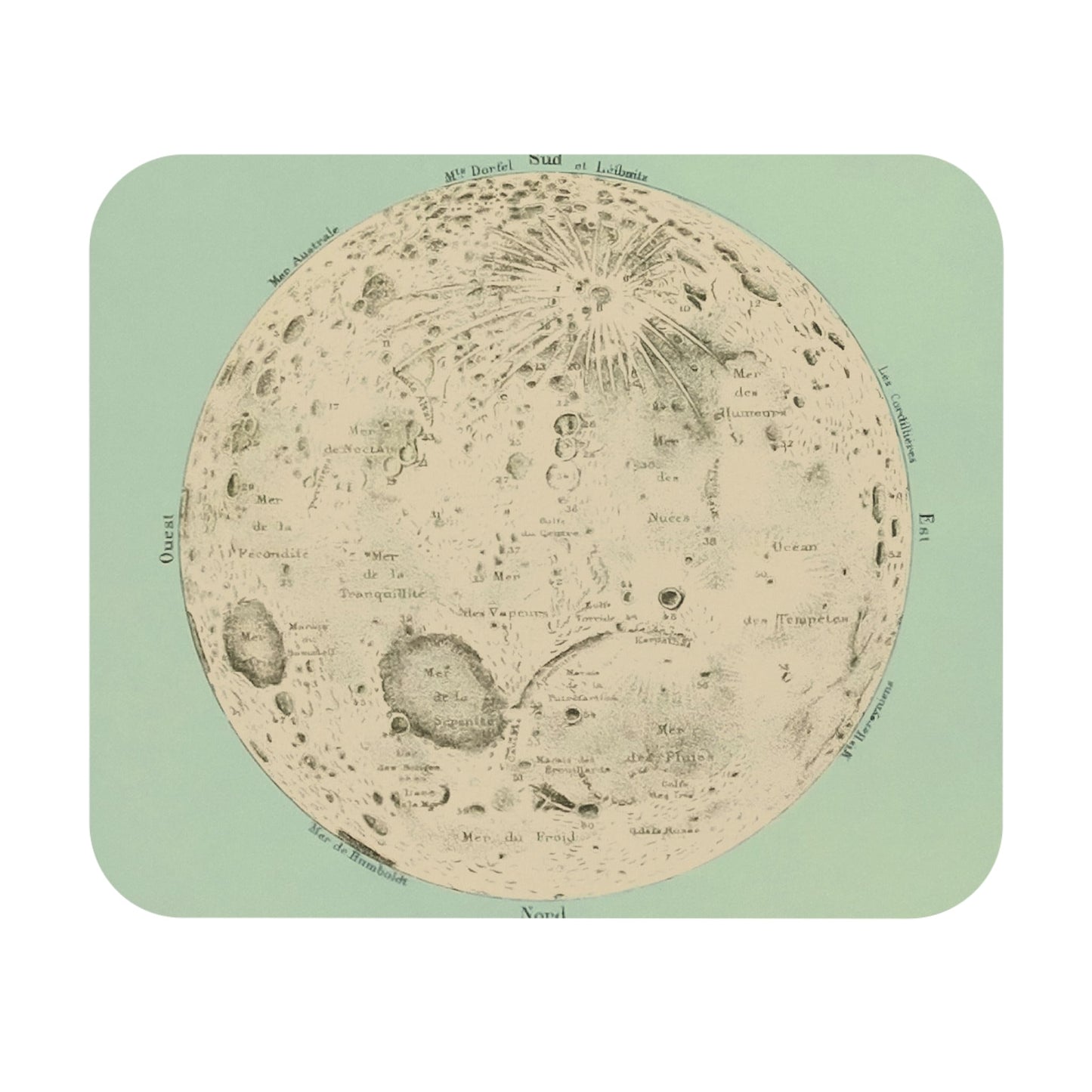Teal Moon Mouse Pad with vintage drawing, desk and office decor showcasing teal moon illustrations.