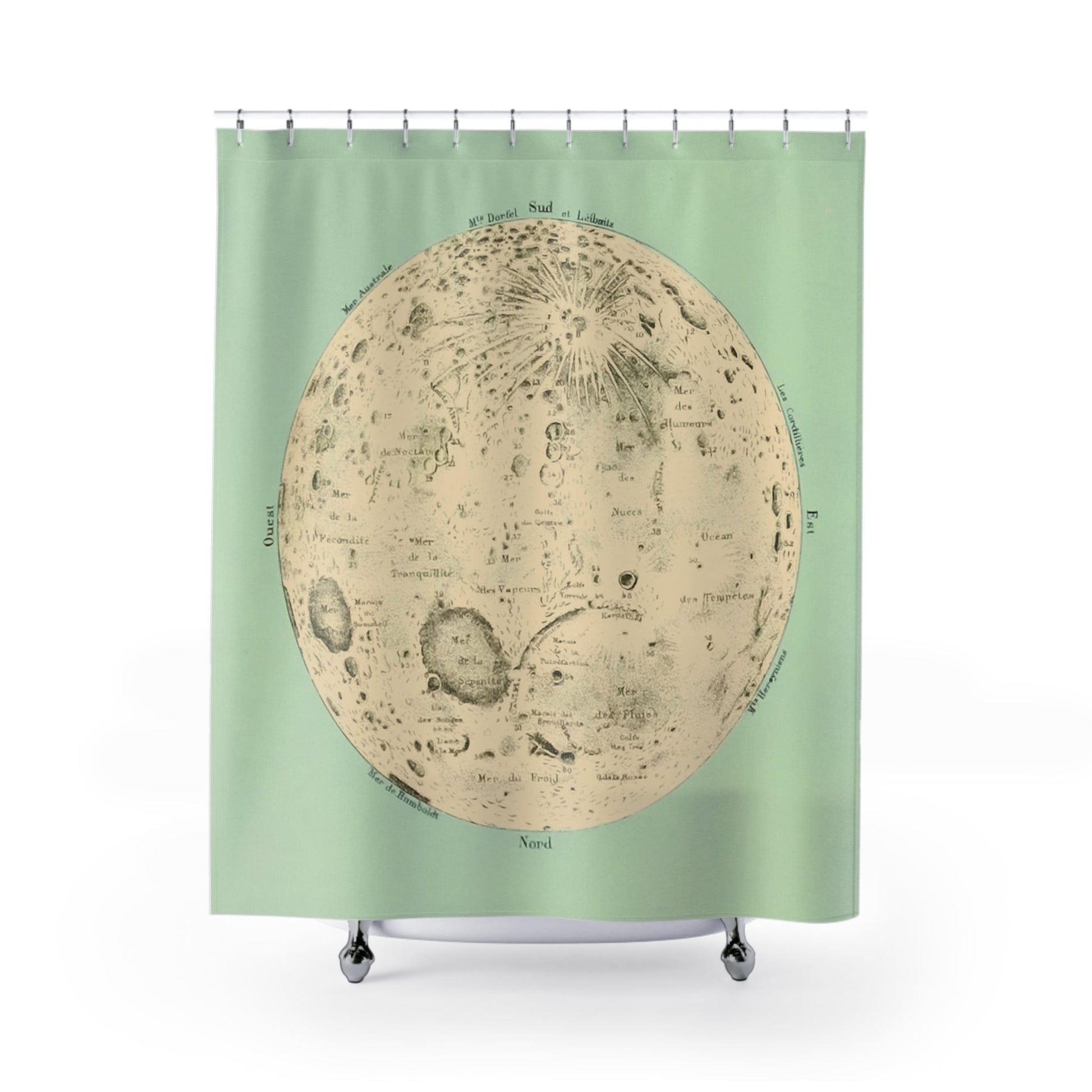 Teal Moon Shower Curtain with vintage drawing design, artistic bathroom decor showcasing detailed moon art.