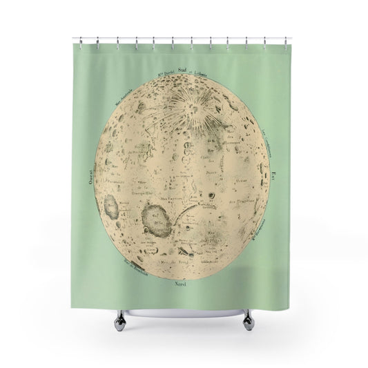 Teal Moon Shower Curtain with vintage drawing design, artistic bathroom decor showcasing detailed moon art.