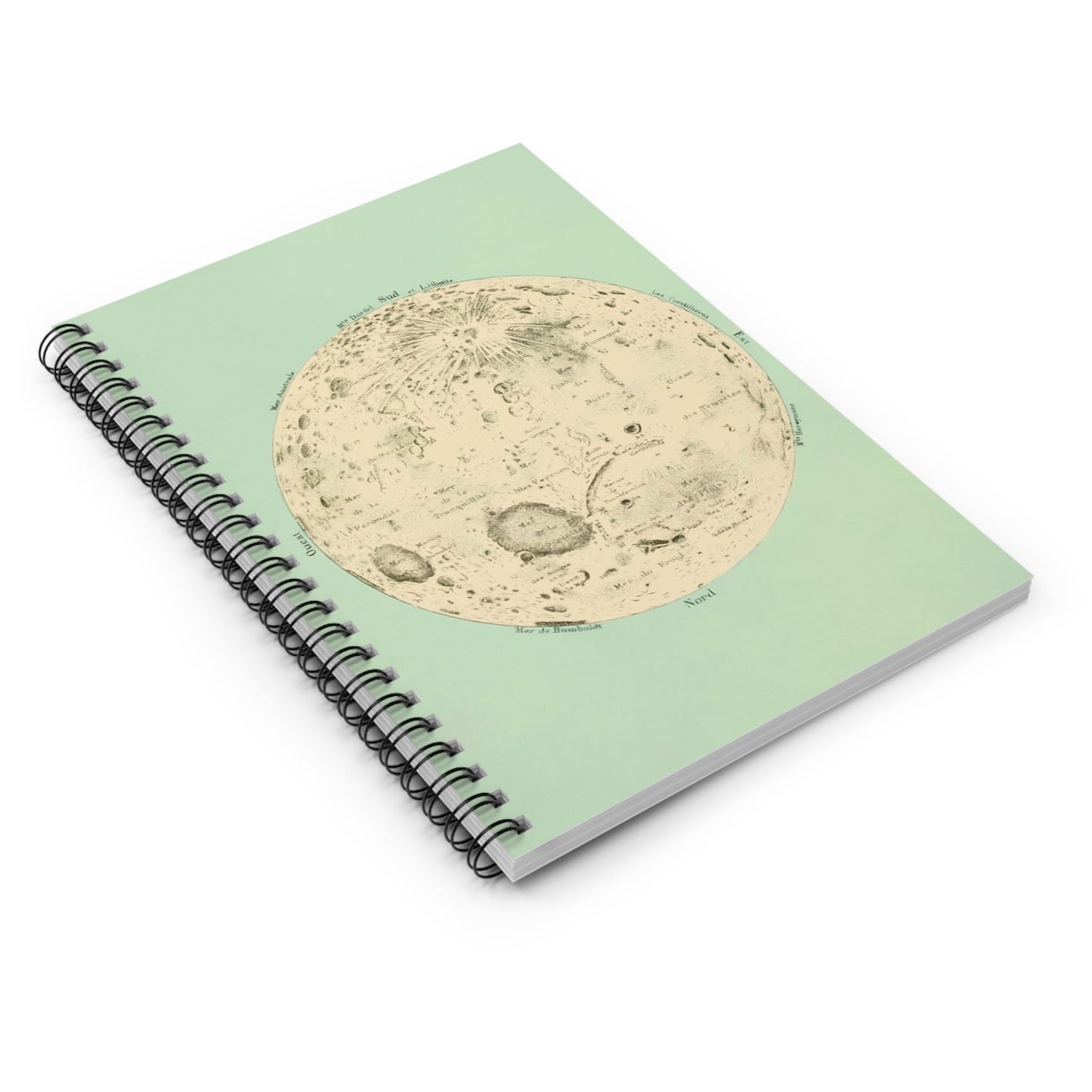 Teal Moon Spiral Notebook Laying Flat on White Surface