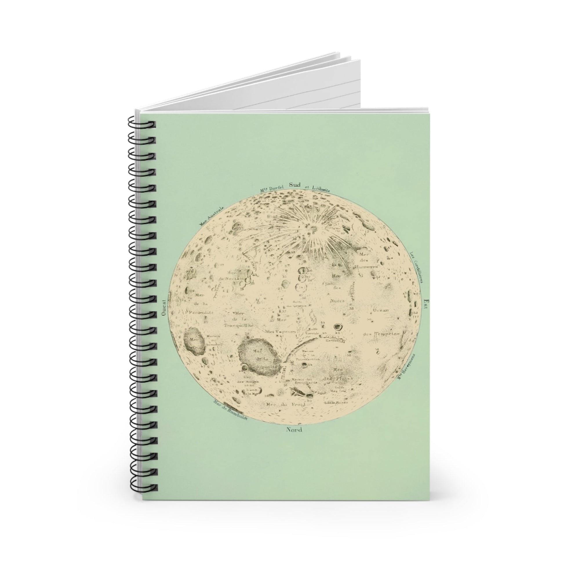 Teal Moon Spiral Notebook Standing up on White Desk