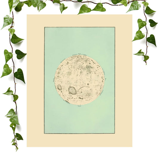 Teal Moon art prints featuring a vintage moon drawing, vintage wall art room decor