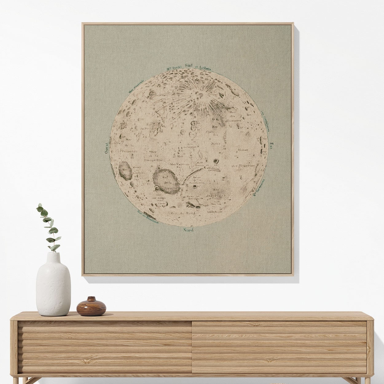 Teal Moon Woven Blanket Hanging on a Wall as Framed Wall Art