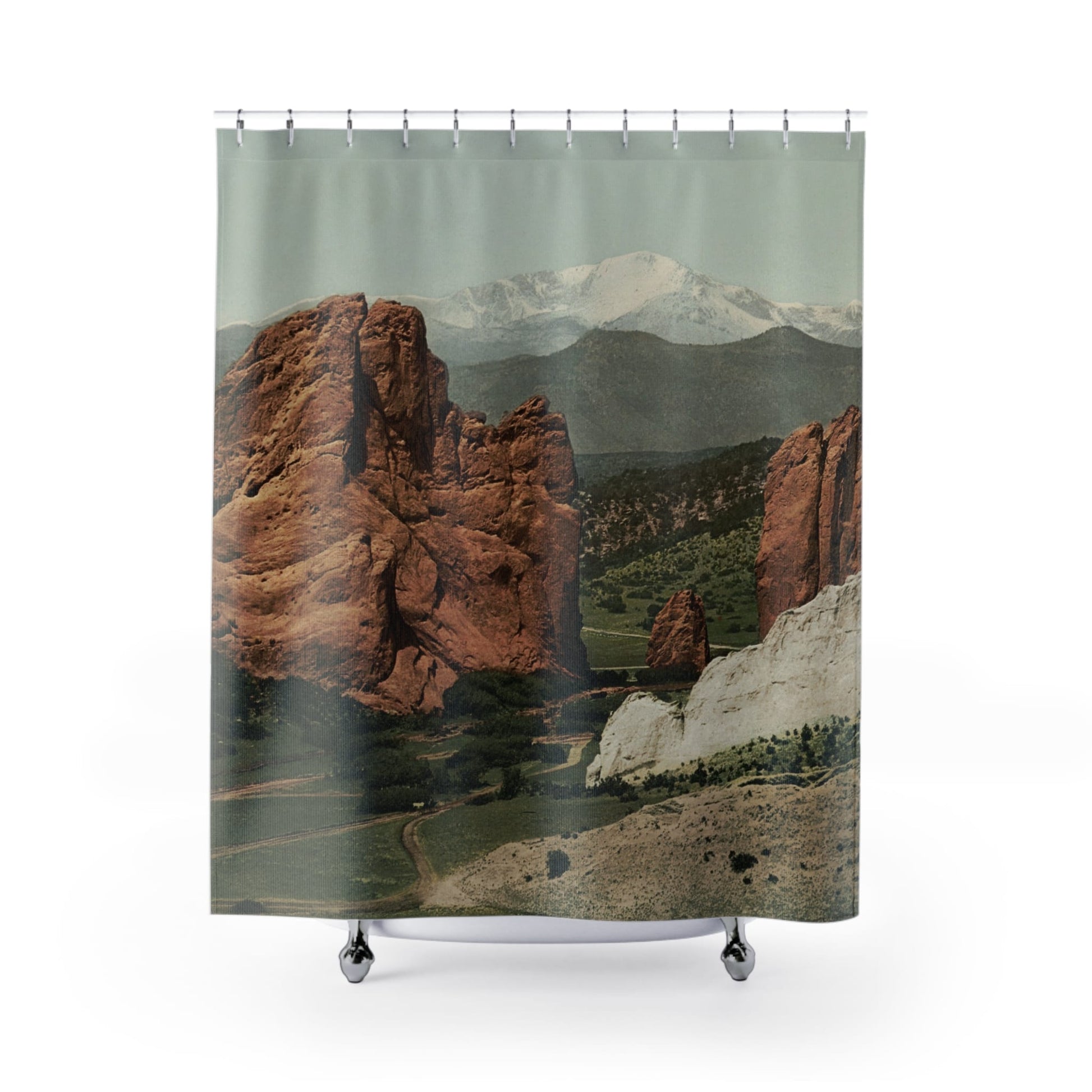 The Gateway Shower Curtain with Garden of the Gods design, naturalistic bathroom decor featuring impressive rock formations.