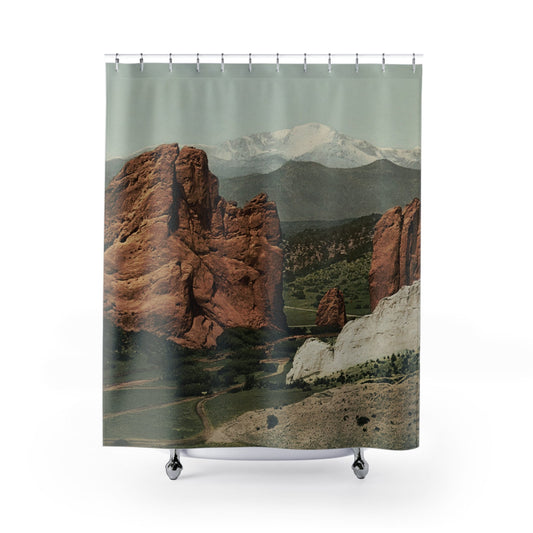 The Gateway Shower Curtain with Garden of the Gods design, naturalistic bathroom decor featuring impressive rock formations.