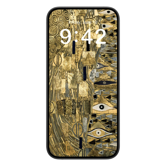 The Lady in Gold phone wallpaper background with gustav klimt design shown on a phone lock screen, instant download available.