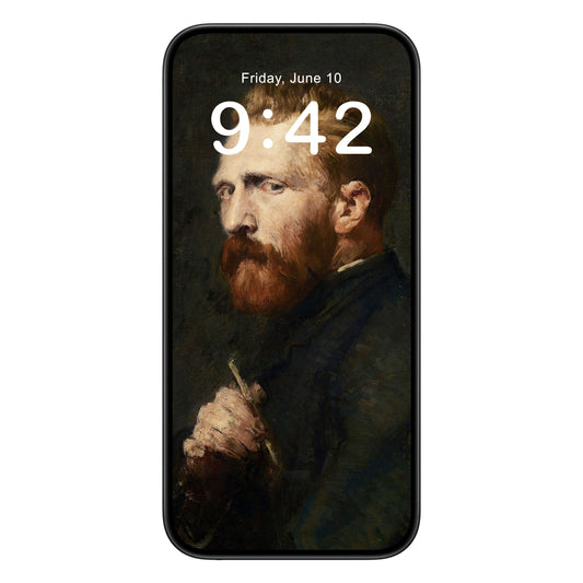 The Painter phone wallpaper background with van gogh portrait design shown on a phone lock screen, instant download available.