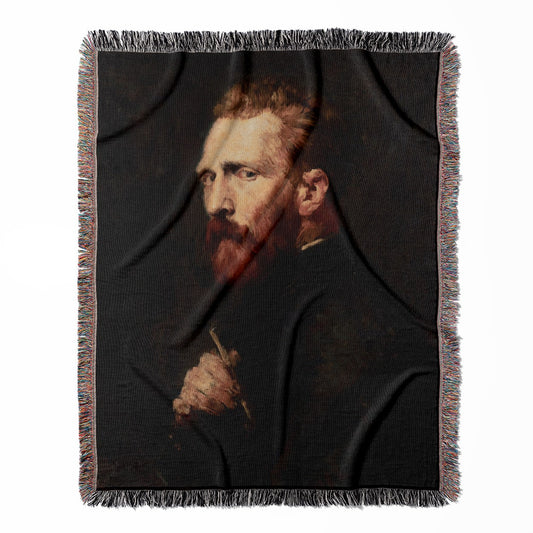 The Painter woven throw blanket, made with 100% cotton, featuring a soft and cozy texture with a Vincent Van Gogh portrait for home decor.