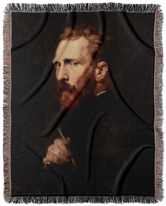 The Painter woven throw blanket, made with 100% cotton, featuring a soft and cozy texture with a Vincent Van Gogh portrait for home decor.