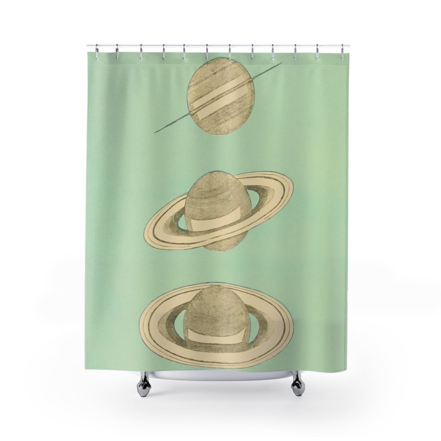 The Rings of Saturn Shower Curtain with science drawing design, educational bathroom decor featuring detailed Saturn illustrations.