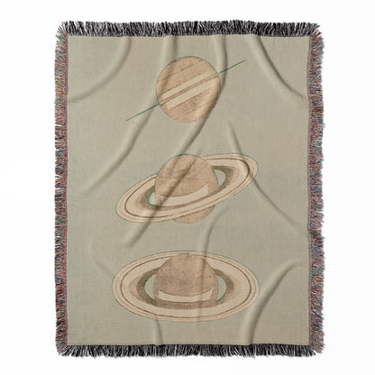 The Rings of Saturn woven throw blanket, made of 100% cotton, featuring a soft and cozy texture with a science drawing theme for home decor.