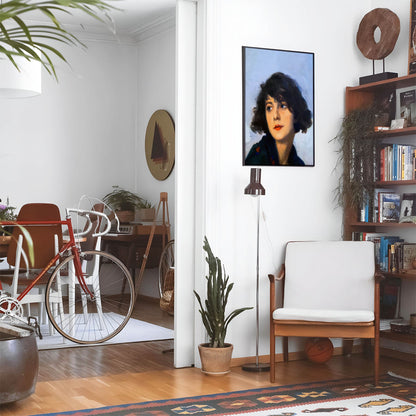 Eclectic living room with a road bike, bookshelf and house plants that features framed artwork of a Peering into the Past above a chair and lamp
