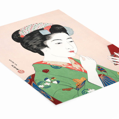 Geisha Applying Lipstick Painting Laying Flat on a White Background