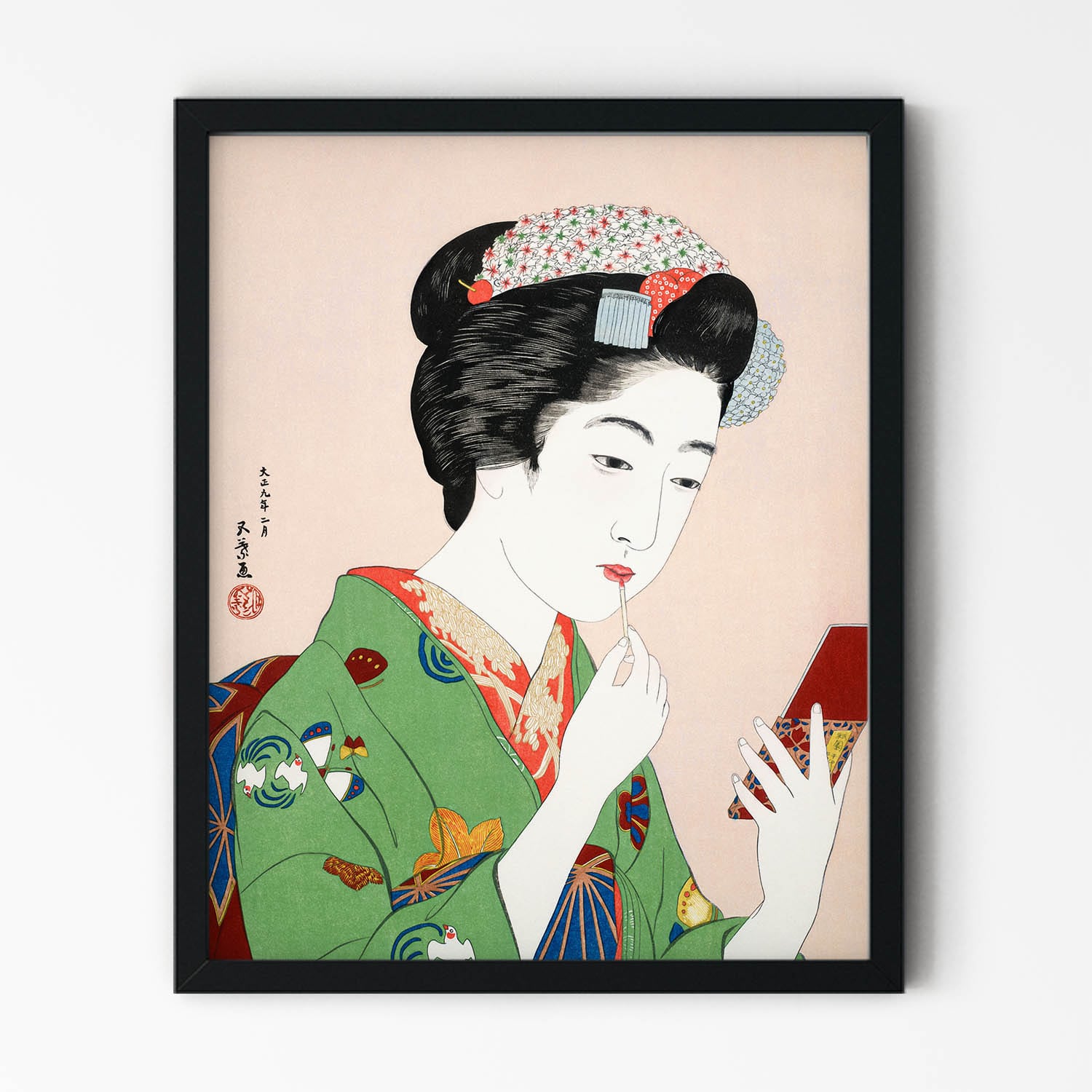 Geisha Applying Lipstick Painting in Black Picture Frame