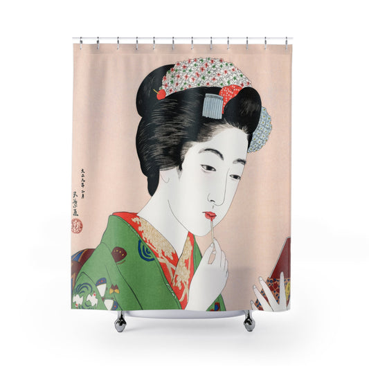 Traditional Japanese Shower Curtain with applying lipstick design, classic bathroom decor showcasing traditional Japanese beauty rituals.