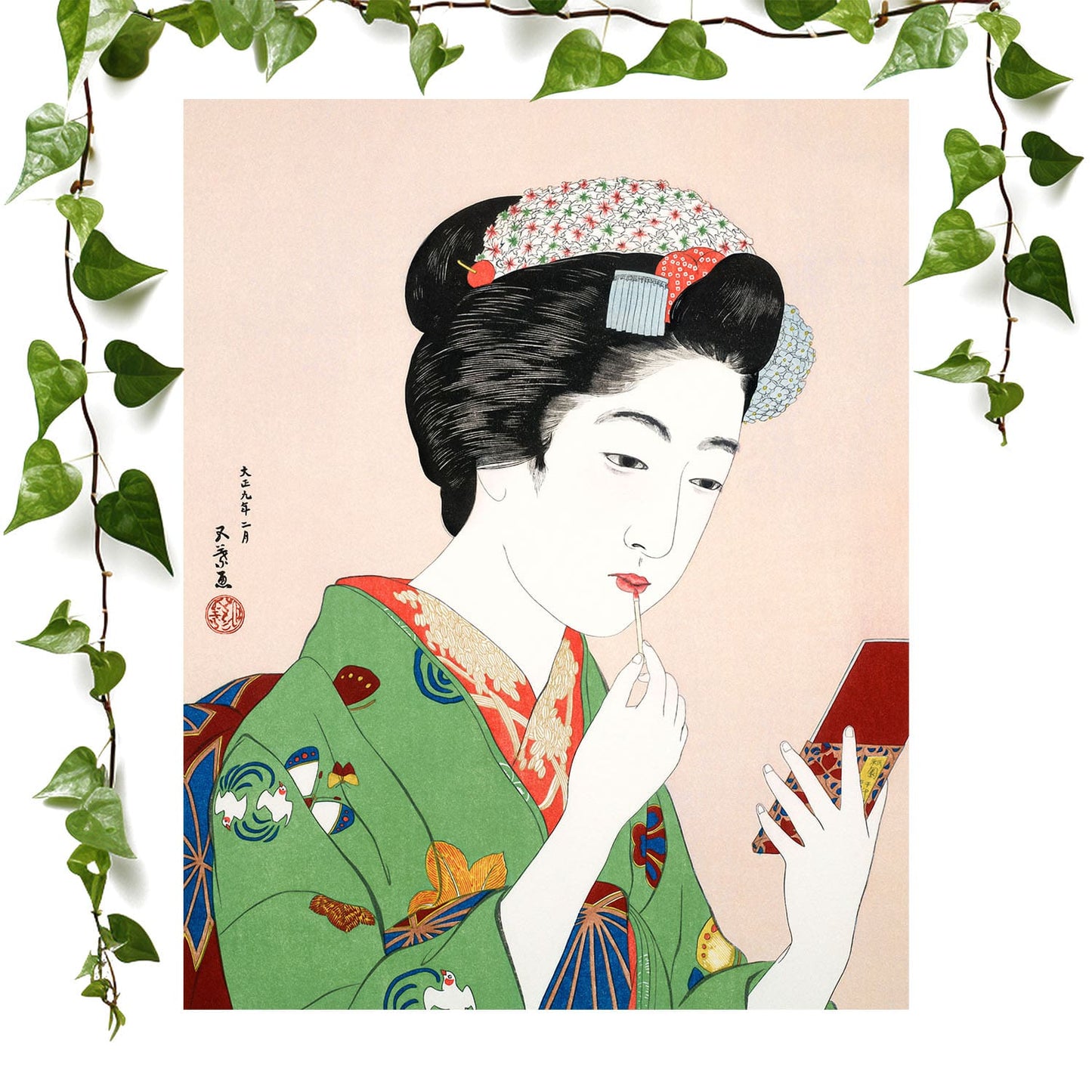 Traditional Japanese art prints featuring a woman applying lipsick, vintage wall art room decor