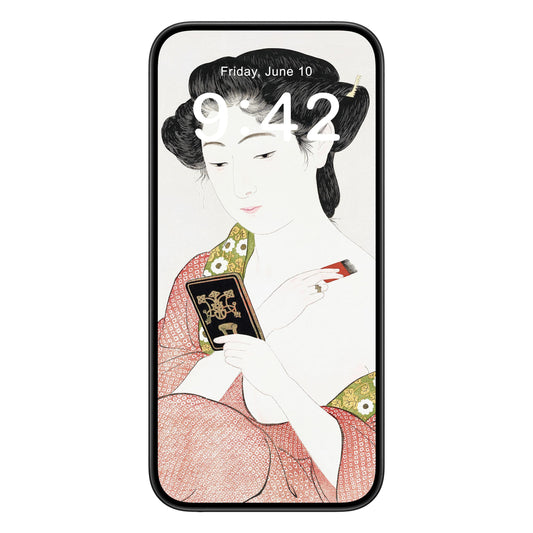 Japanese Aesthetic phone wallpaper background with applying powder design shown on a phone lock screen, instant download available.