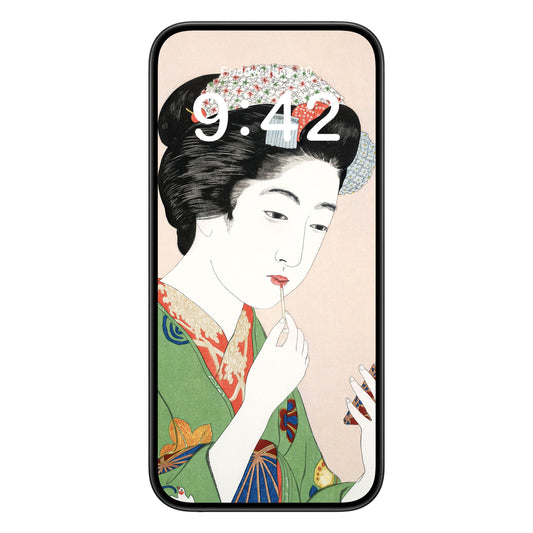 Traditional Japanese phone wallpaper background with applying lipstick design shown on a phone lock screen, instant download available.