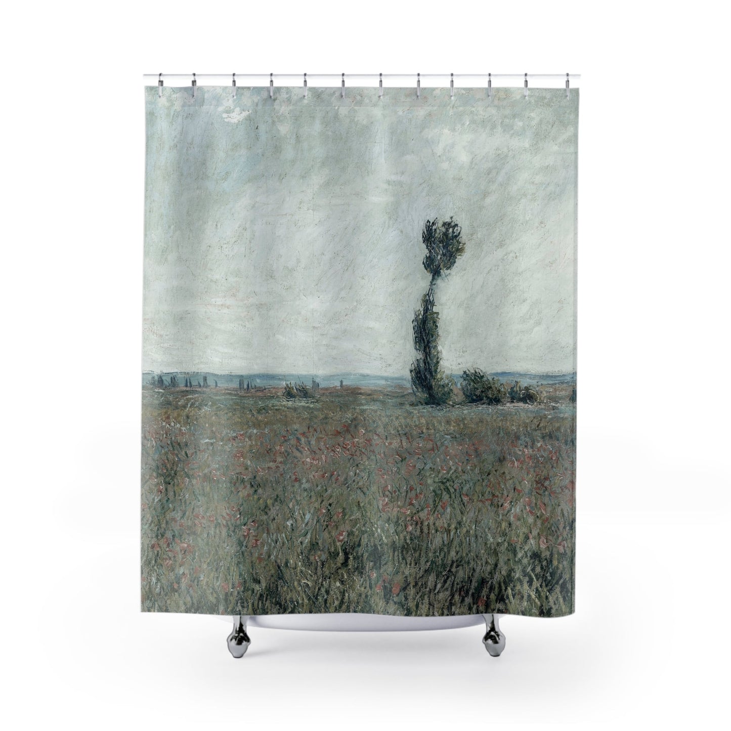 Tranquil Landscape Shower Curtain with Monet floral design, serene bathroom decor featuring Monet's floral artwork.