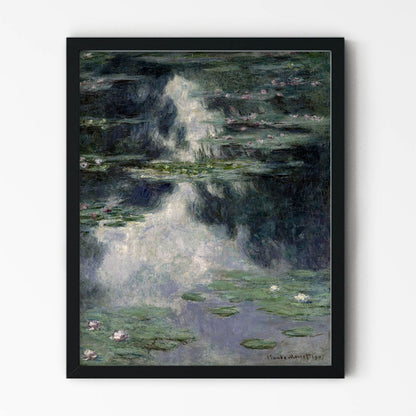 Muted Water with Lillies Painting in Black Picture Frame