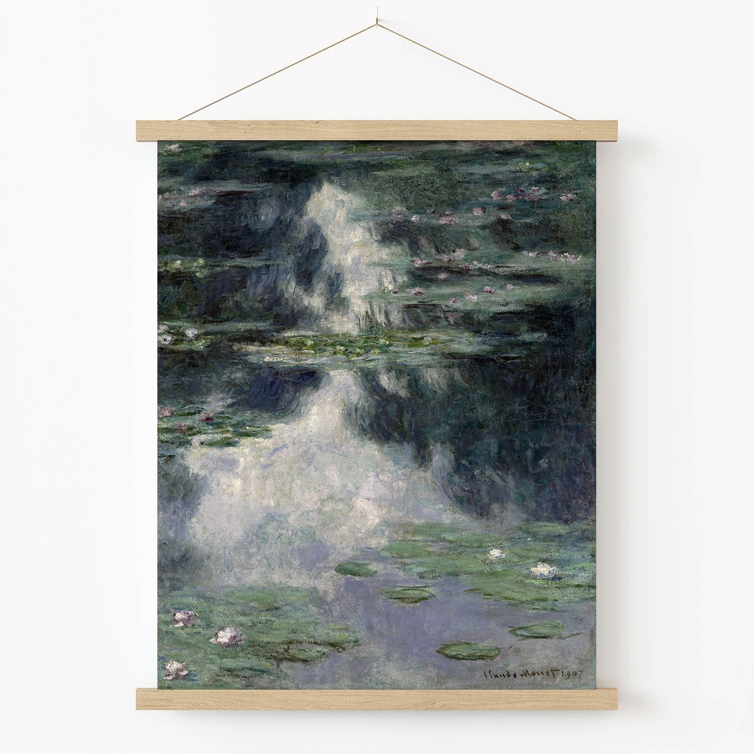 Muted Water with Lillies Art Print in Wood Hanger Frame on Wall