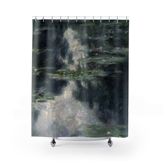 Tranquility Shower Curtain with Monet lilies design, elegant bathroom decor featuring Monet's famous lily pond artwork.