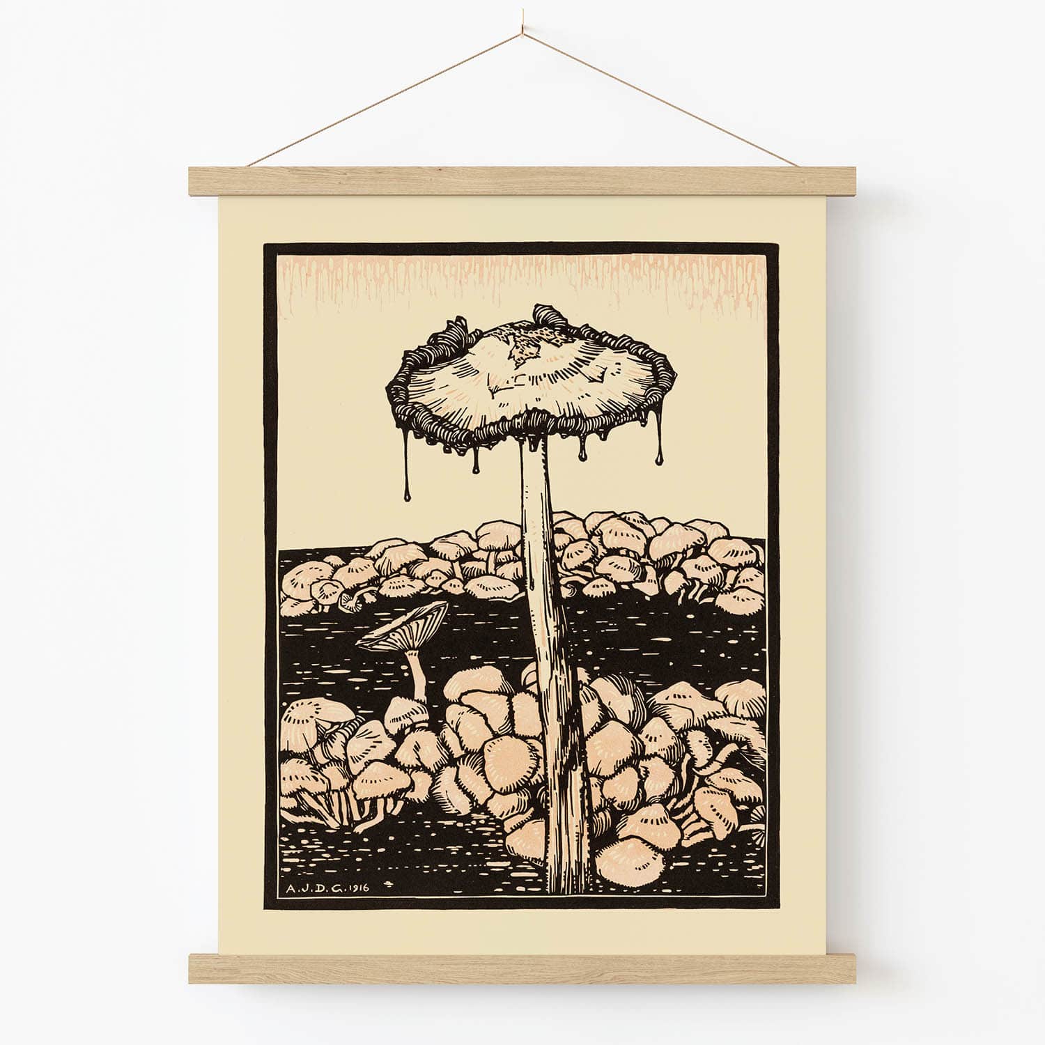 Trippy Mushroom Art Print in Wood Hanger Frame on Wall