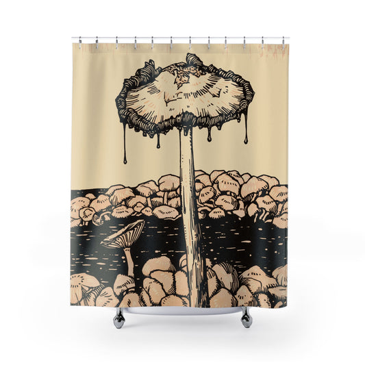 Trippy Mushroom Shower Curtain with dripping mushroom design, psychedelic bathroom decor featuring unique mushroom art.
